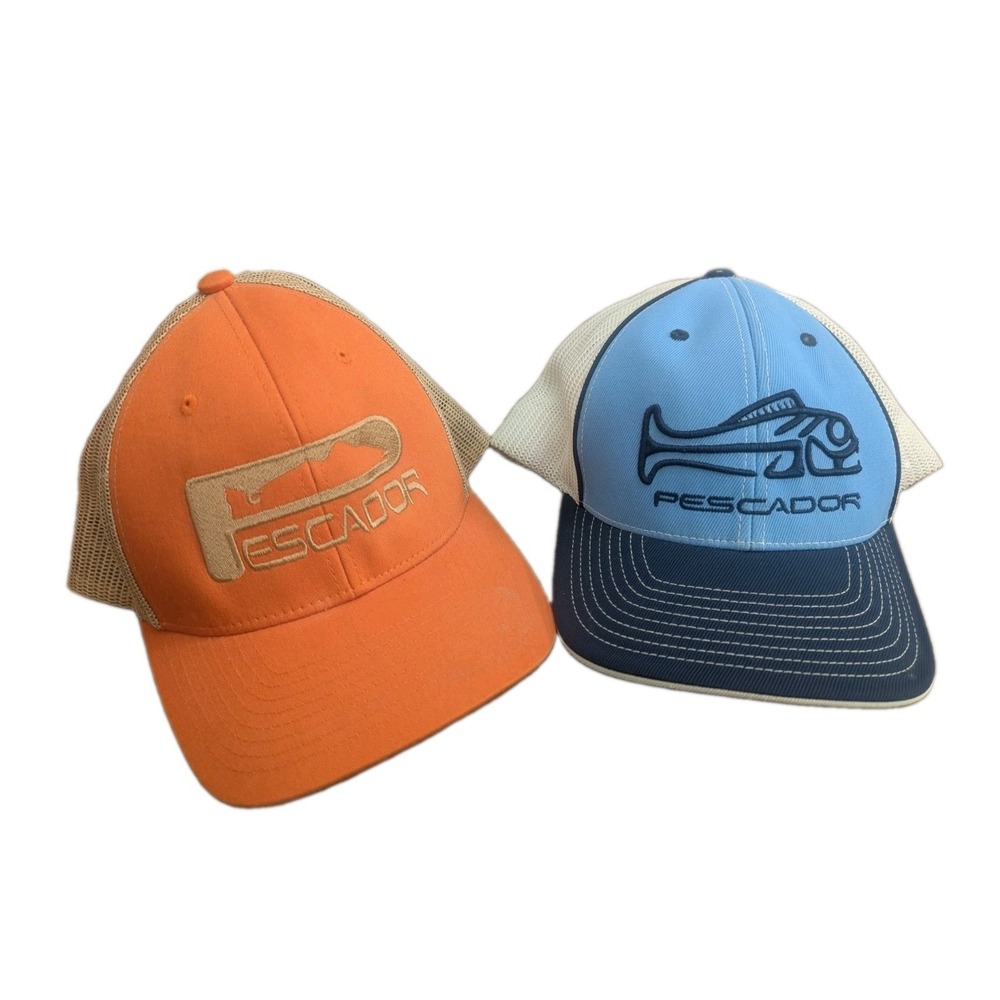 Lot of 2 Pescador Fishing Trucker Hats Orange Blue Mesh Snapback L/XL